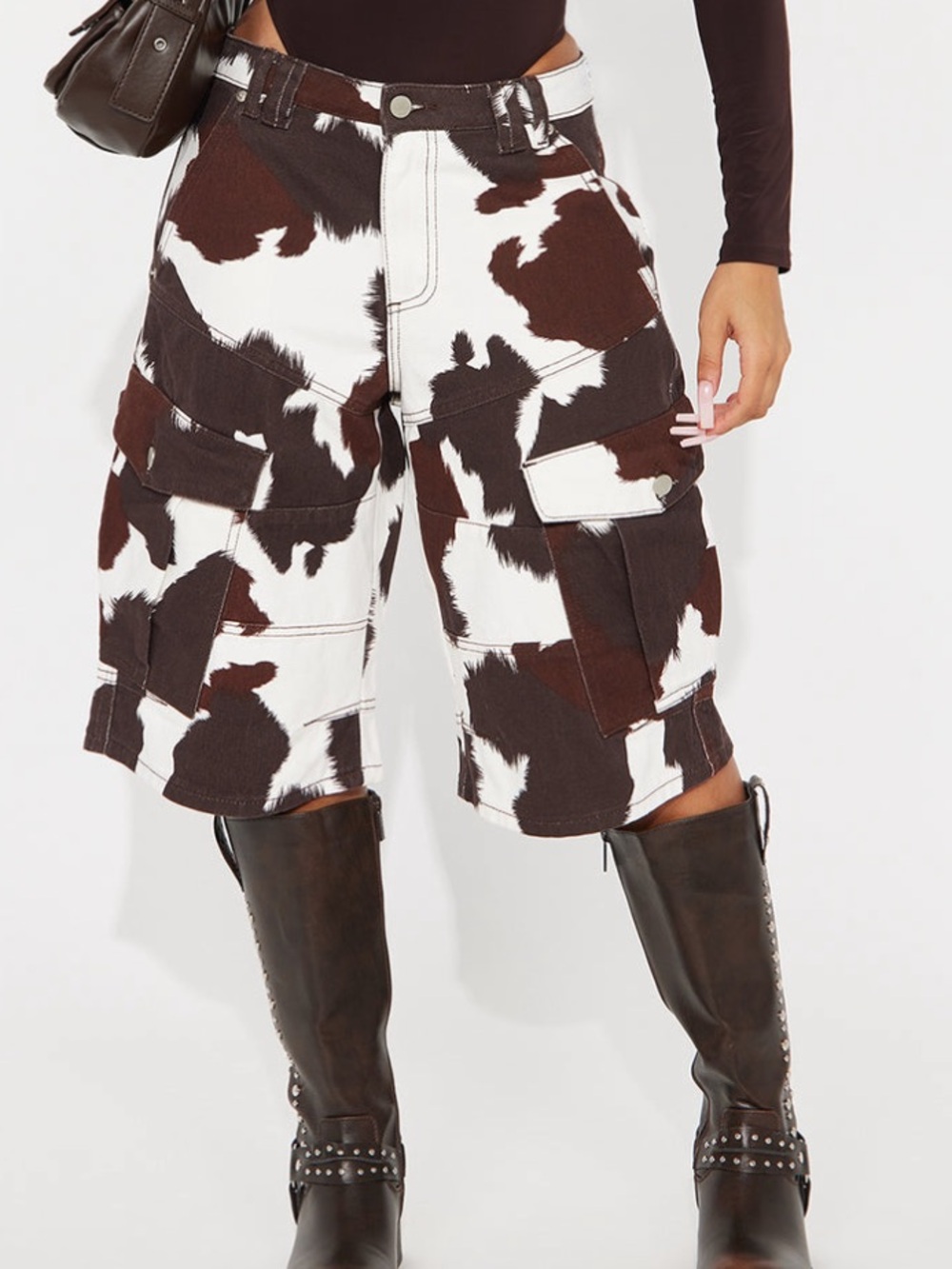 Fashion Nova Brown and White Cowprint Cargo Bermudas
